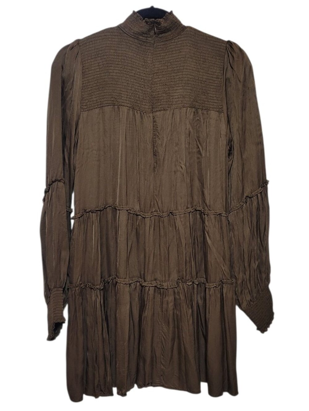 Olivaceous Long Sleeve Tiered Smocked Mini Dress Brown Medium Babydoll Boho - Picture 2 of 10